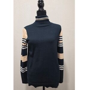 Vintage Grandma NorthStyle Black Beige White Striped Turtleneck Sweater S